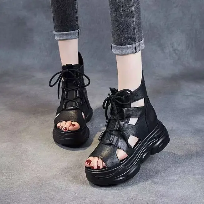 2024 New Fashion Platform Sandals Women Cross Genuine Leather Wedges Platform Heel Gladiator Sandals Women Summer Roman Shoes