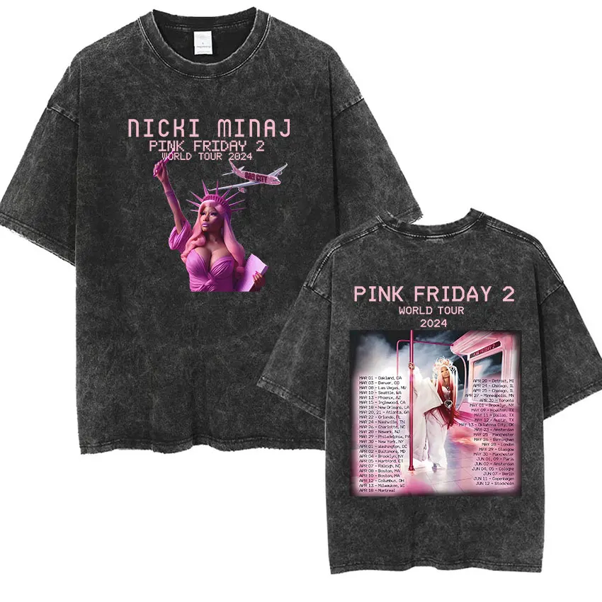 Nicki Minaj Vintage Washed T Shirt Gag City Pink Friday 2 World Tour 2024 Hip Hop Aesthetic T-shirt Men Women Oversized Clothing