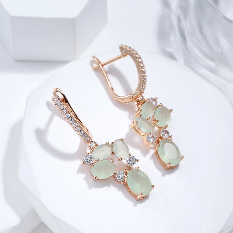 Kienl New 585 Rose Gold Color Long Earring for Women Vintage Green Natural Zircon Flower Drop Earring High Quality Daily Jewelry