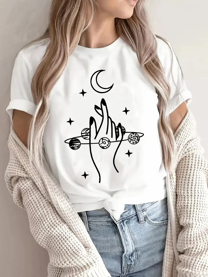 Vintage Moon & Hand Print Crew Neck T-Shirt Women Spring Summer Casual Short Sleeve Soft Comfortable Daily Basic Fashion Tee Top