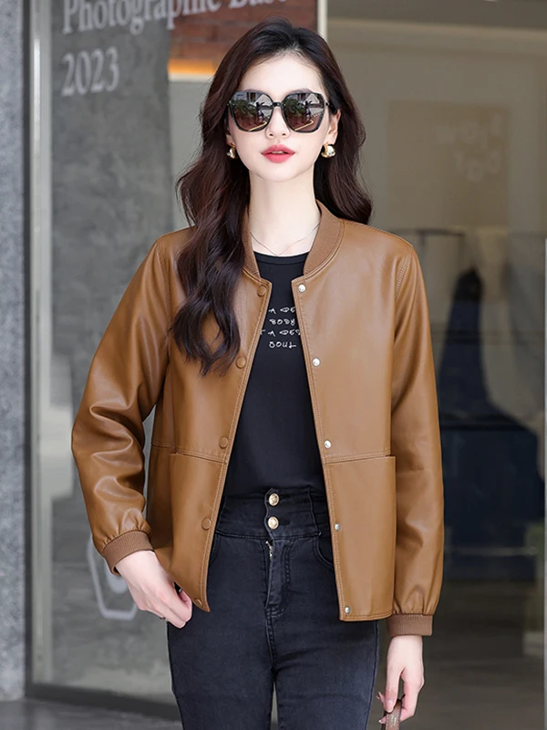 本革バイカージャケット レディース ショートスリーブ 2025年春新作 韓国版 スリムフィット 小さいサイズ ベースボールコート シープスキンコート