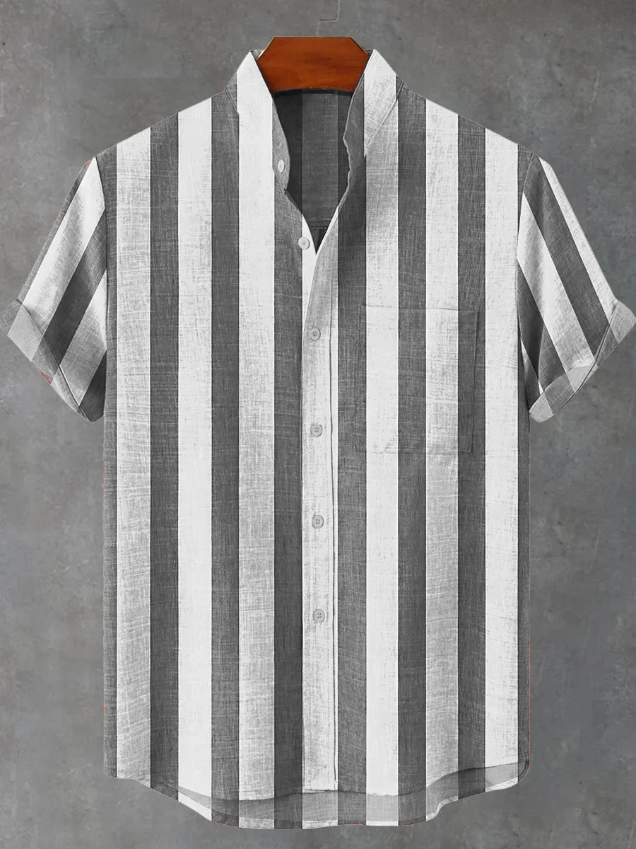 2025 men's new striped high-quality linen short sleeved shirt, summer comfortable fabric button top, 12 colors to choose from