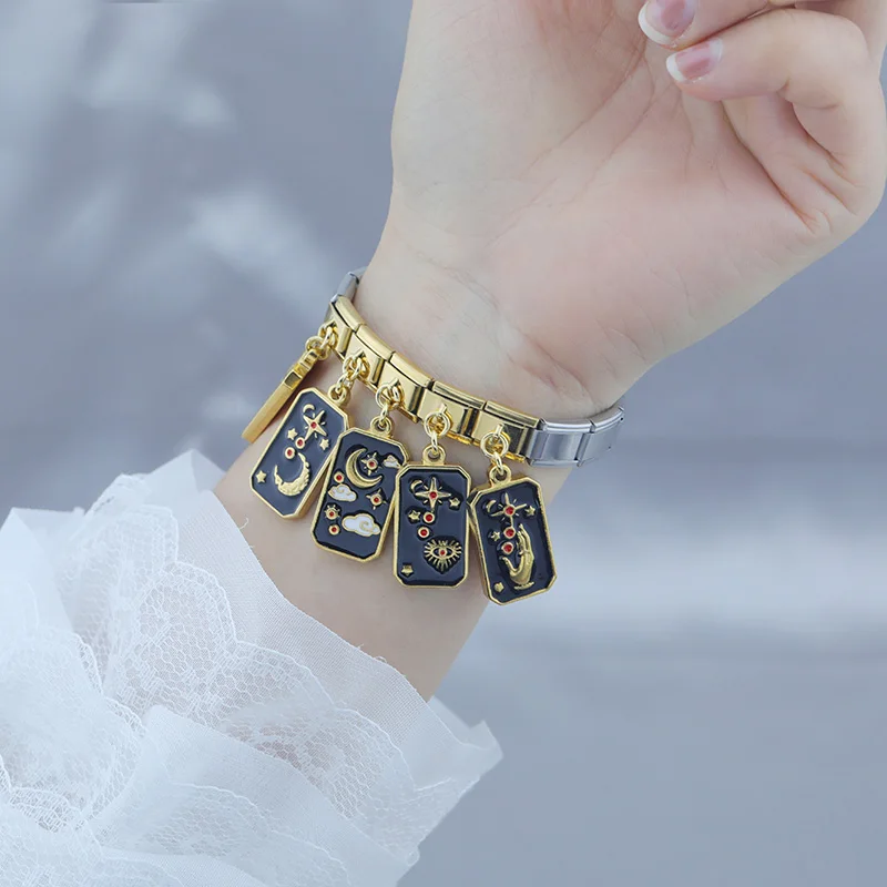 Hapiship 2024 Fashion Women Rectangular Tarot Starry Sky Charm Links Fit 9mm Stainless Steel Bracelet DIY Making Jewelry DJ1098