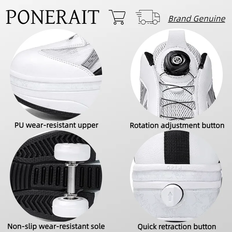 PONERAIT Double-Row Retractable Four wheels Roller Skate Shoe Outdoor Casual Fashion Sneaker Adult Children Walk Shoe