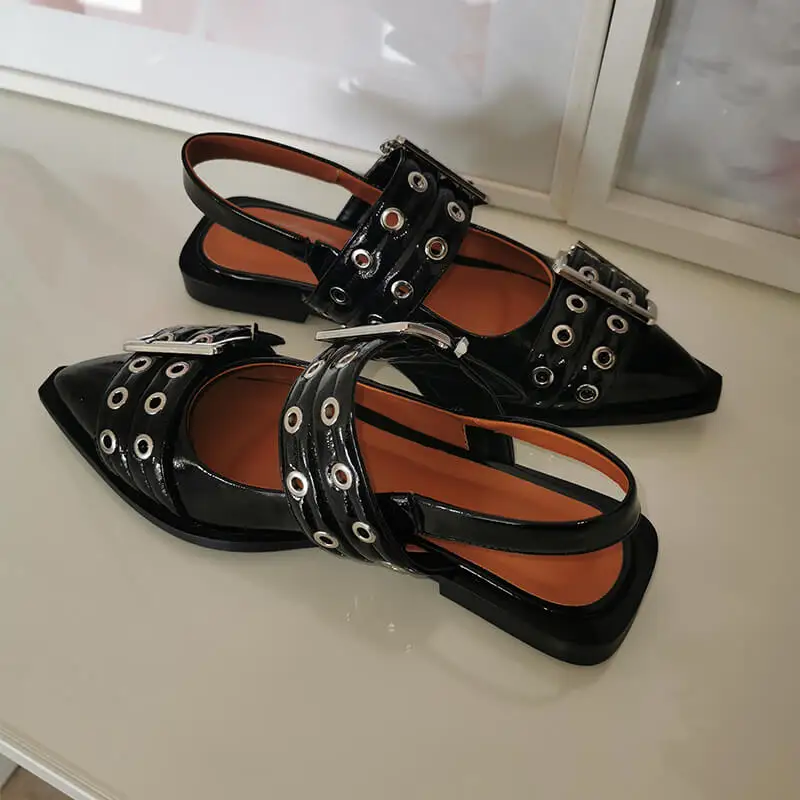 Richealnana Vrouwen Zwarte Puntige Neus Riem Gesp Slingback Flats Comfortabele Punk Retro Mary Jane Damesschoenen
