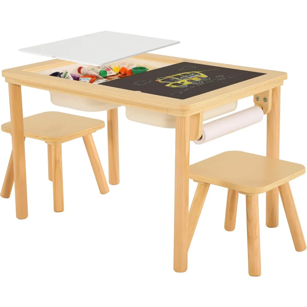

Sensory Table for Toddlers with 2 Chairs & Roll Paper, Wooden Kid Table Chair Set with Double-Sided Boards and 2 Storage Bins, A