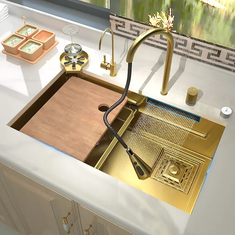 

Waterfall Sink Golden 304 Stainless Steel Kitchen Sink Single Slot Golden Wash Basin Workstation Tank Drop-in/Undermount