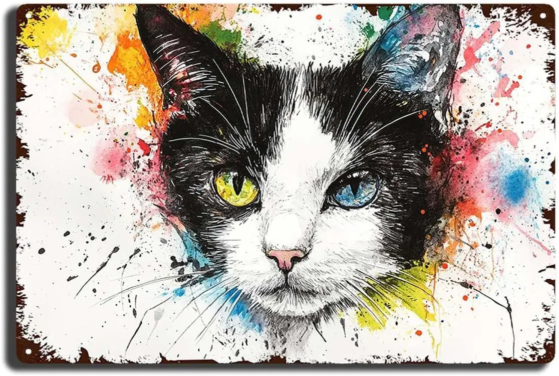 Tin Signs Funny Metal Decor Sign A Black And White Cat With Colorful Spots For Room Decor, Indoor Outdoor Wall Decor 8X12 inch T