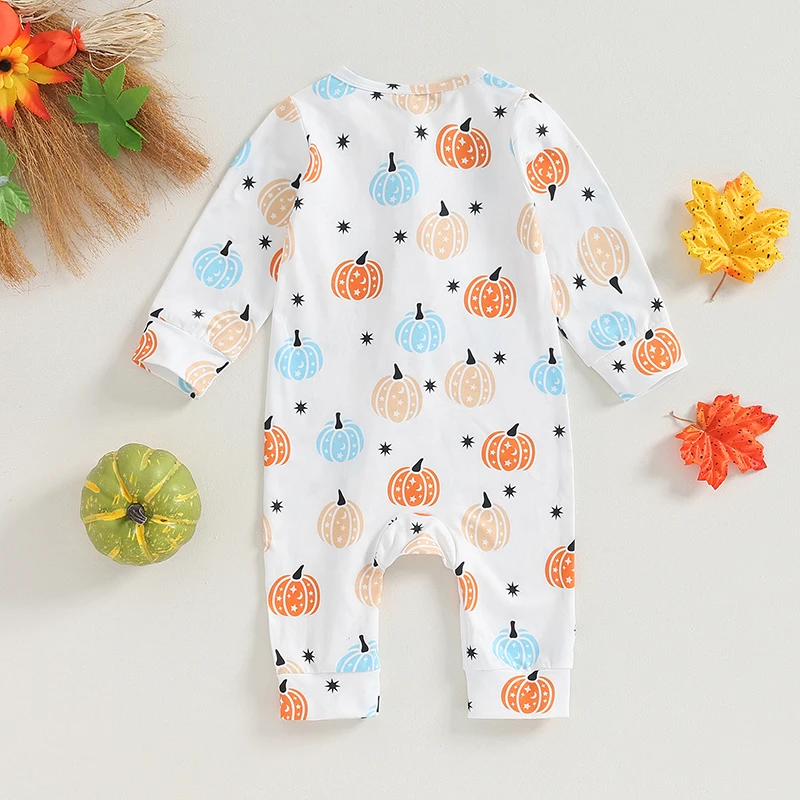 

Baby Jumpsuit Long Sleeve Crew Neck Pumpkin Print Zipped Newborn Romper Halloween Baby Clothes for Girls Boys