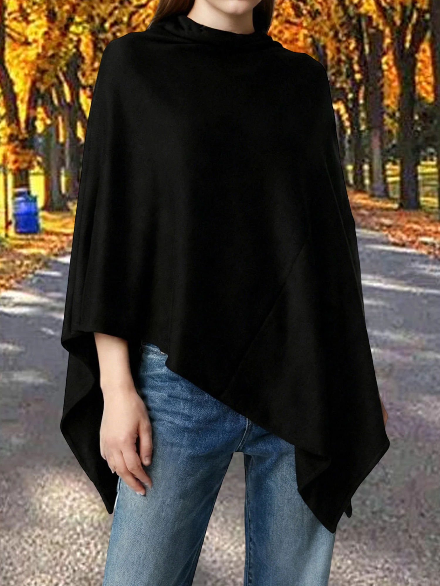 المرأة المتضخم الياقة المدورة سترة المعطف كيب متماسكة البلوز شال التفاف بلون غير المتكافئة معطف فوقي