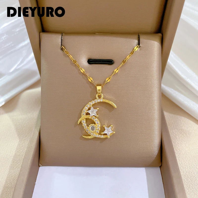 

DIEYURO 316L Stainless Steel Moon Stars Pendant Necklace For Women Girl New Trend Luxury Neck Chain Jewelry Gift Party Collar