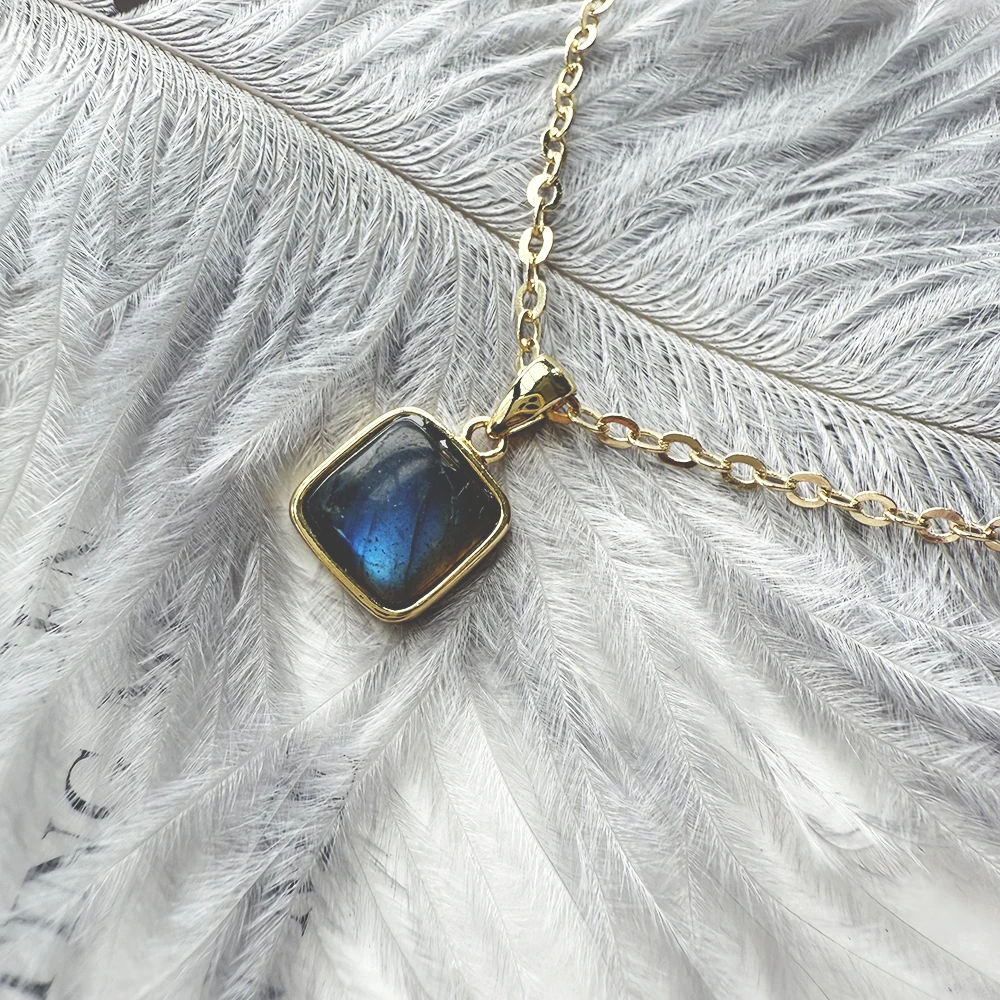 ITSMOS Natural Labradorite Square Pendant Necklace Simple Cube Stone 14k Gold Plated Chain Elegant Jewelry for Women Romatic