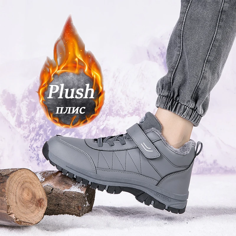 Brand Men Boots Waterproof Leather Boots Winter Male Plush Warm Sneakers Women Outdoor Non-slip Ankle Snow Boots Big Size 35-48