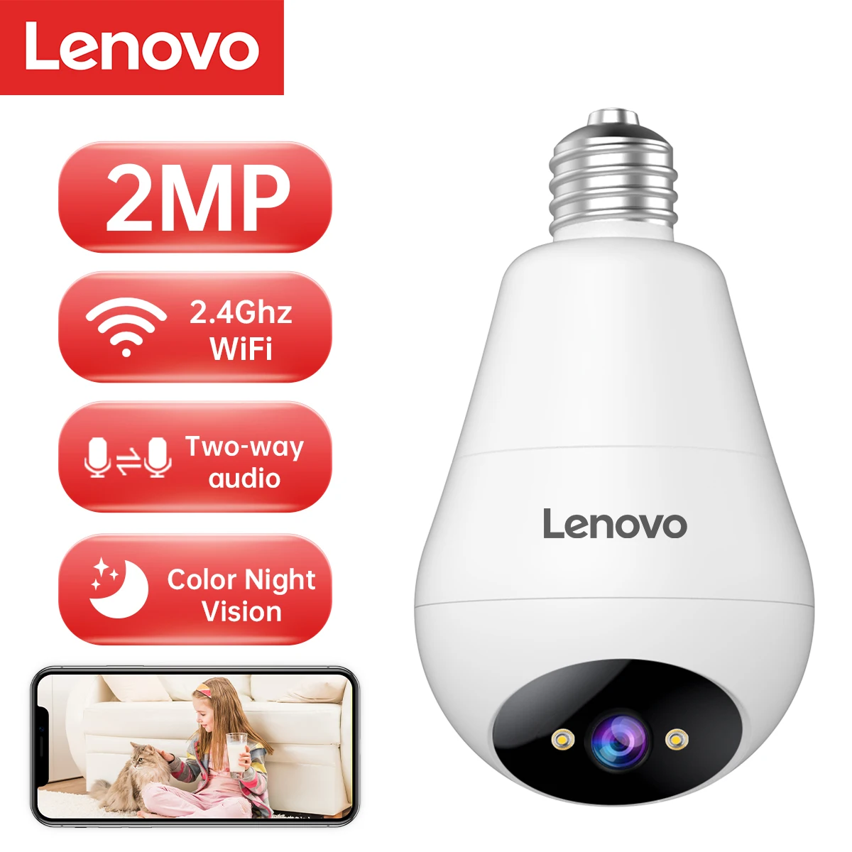 Lenovo wifi 2mp e27 lâmpada câmera de vigilância interior 5x zoom digital rastreamento automático cor cheia noite câmeras sem fio casa inteligente