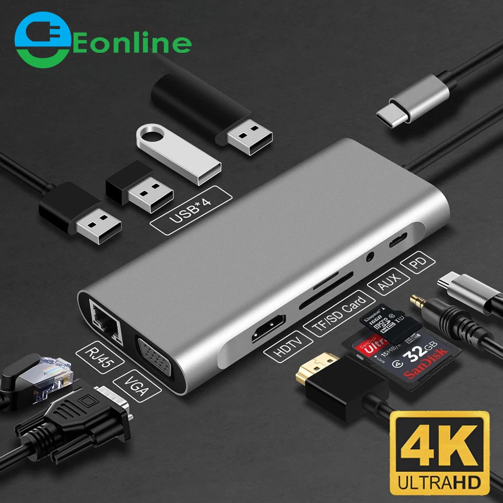 eonline-11-in-1-multiple-usb-hub-30-port-type-c-adaptor-for-macbook-laptop-hd-pd-charger-audio-vga-rj45