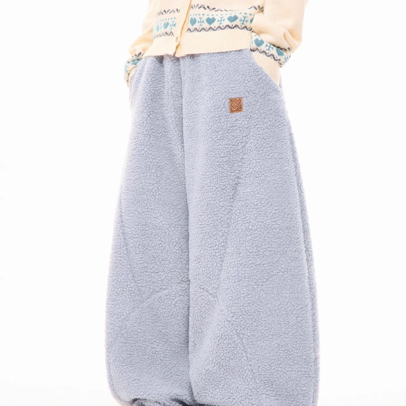 겨울 신상 양털 드로스트링 여성 캐주얼 팬츠 아메리칸 레트로 두꺼운 신축성 허리 루즈 와이드 레그 따뜻한 바지 여성용