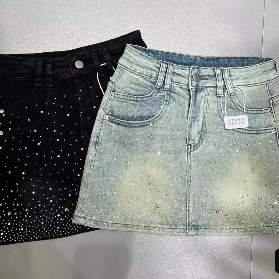 Starry Hot Rhinestone Denim Skirt for Women 2024 Summer New Retro Slimming a-Line Sheath Denim Skirt