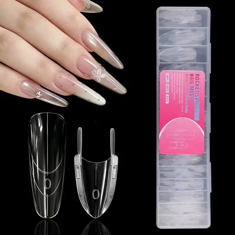 120Pcs Rocket Sandwich Dual Nail Forms Clear Dual Layer Full Cover Top & Bottom Forms Nail Art Extension Manicure Tools For DIY