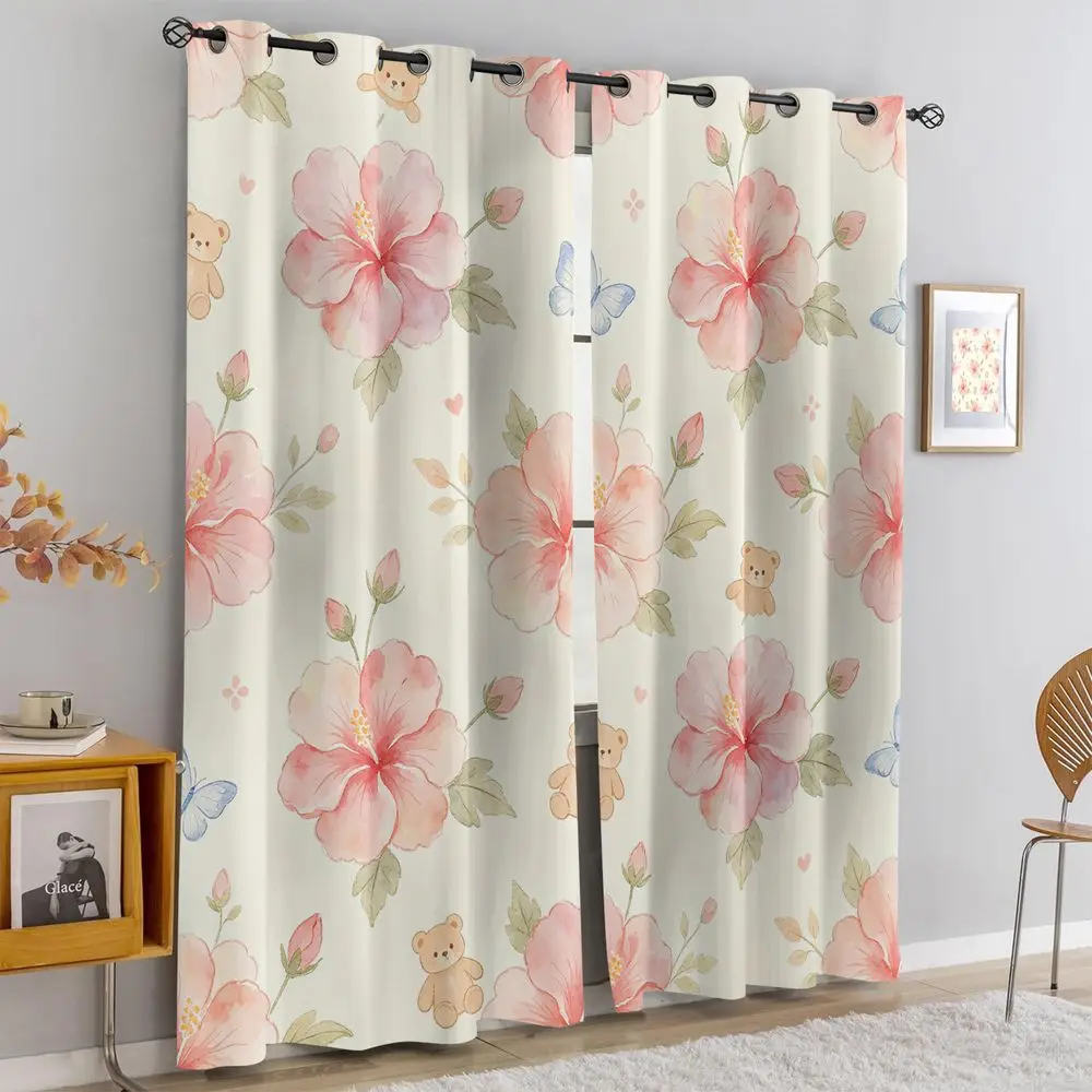 Sweet Pink Bear Butterfly Curtains 2 Panels Light Blocking Rate 85% Printed Darkening Decoration CurtainsTeen Nursery