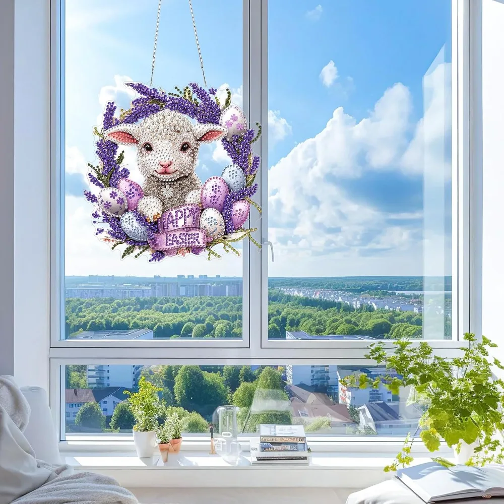 Easter DIY Diamond Painting Kit for Adults Special Shaped Lamb Rhinestone Art with Pendant Window Hanging Ornaments Home Garden Wall Door Spring Holiday Decorations Complete Craft Set with Diamonds Tools Sparkling view 2