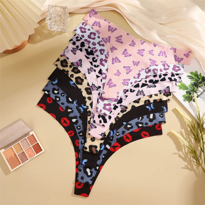 5Pcs Women Ultra-thin G-string Seamless Print Thongs Sexy Leopard Panties Ladies Soft Cute Thongs Female S-XL T-Back Panties