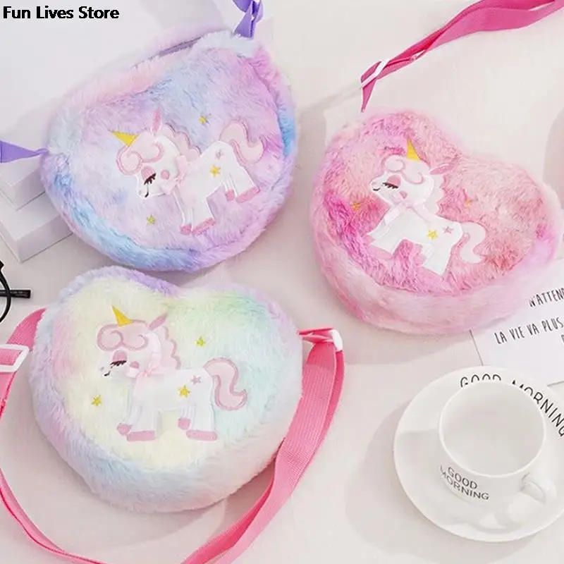 Borse a forma di unicorno a forma di cuore borsa a tracolla per bambini in cartone animato borse a tracolla in peluche cinture regolabili borse borse da scuola per bambini