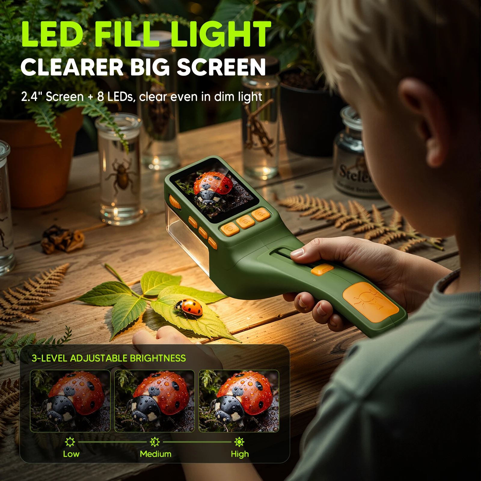 500X Kids Insect Microscope 2.4-Inch IPS Screen Visual Kids Microscope 8 LED Educational Science Toy For Christmas Birthday Gift