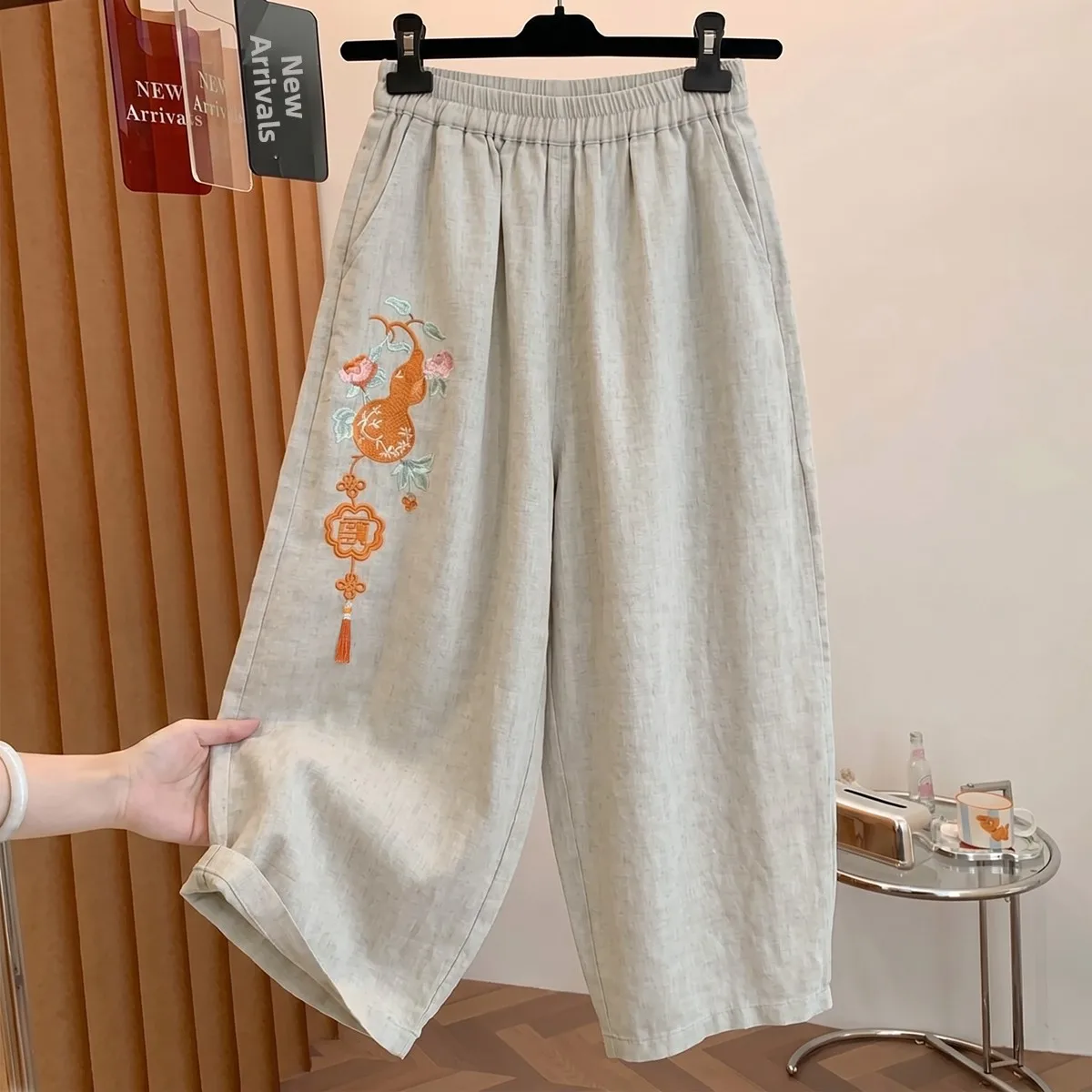 

plus Size Women's Casual Pants Harlan Style Embroidered Cotton Linen Loose Wide Leg Trousers mid High Waist Elastic Waist