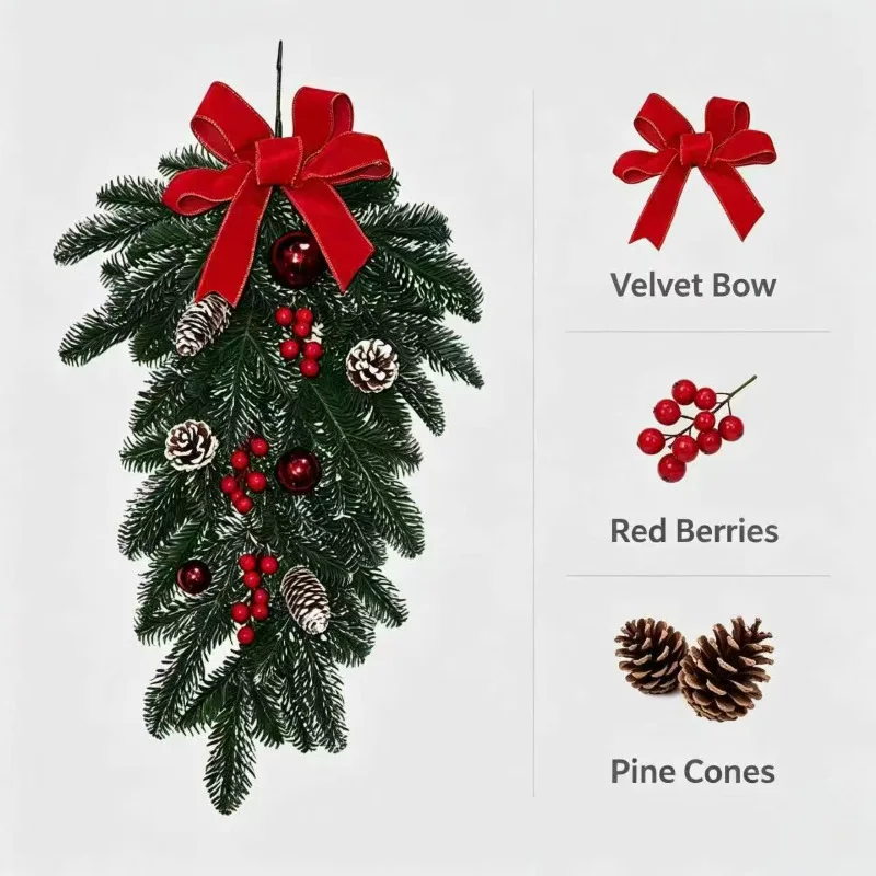 For Christmas Teardrop Swag with Plaid Bow, Pinecone & Red Berries, Front Door Hanging Decoration