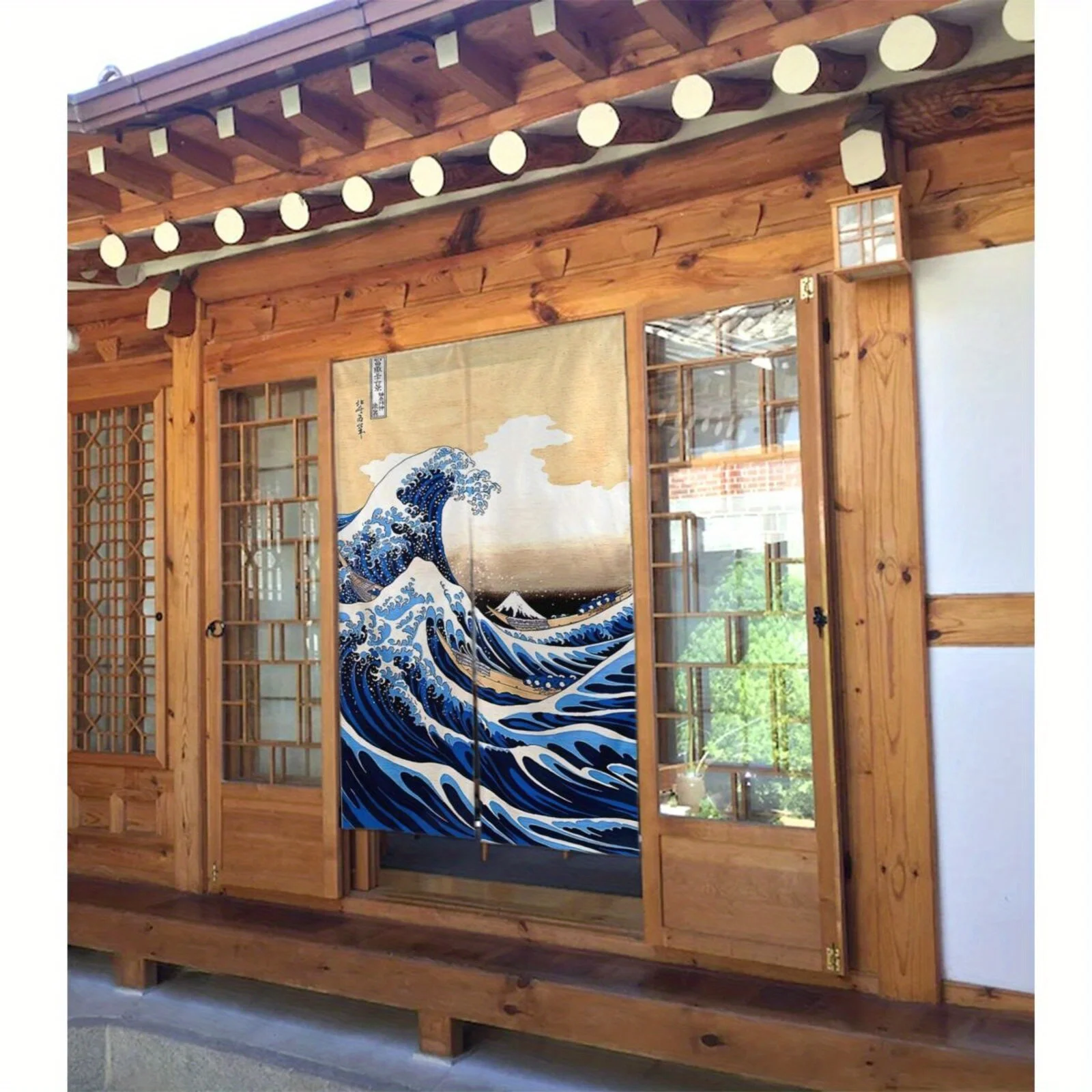 Tranquil Japanese Noren Curtain, Gold Background Great Wave & Mt. Fuji Print, Serene Oriental Zen Style Home Decor Room Divider