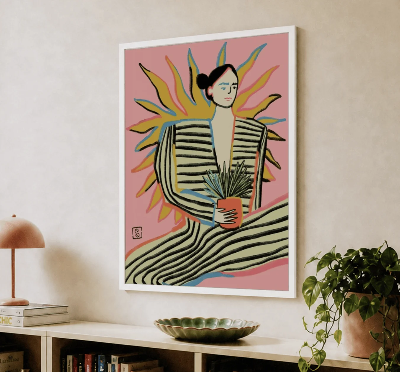 Boho Sun Figure Wall Art Canvas Prints, Striped Woman Posters, Abstract Plant Decor for Living Room Bedroom Wall Decor