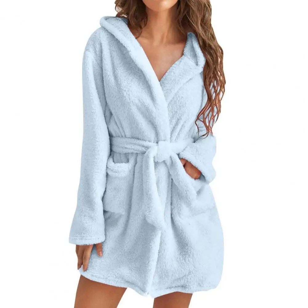 Solid Color Warm Winter Robes For Women\'s 2024 Plush Pajamas Robes With Belt Female Hooded Homewear Bathrobe Sleepwear Clothing