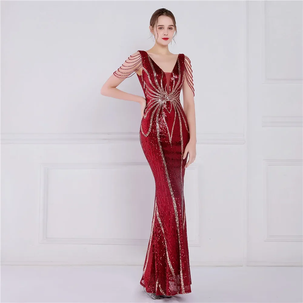 2022 New Fashion Maxi Bead Dresses Sexy V-neck Sling Sleeveless Elegant Party Women Evening Dresses