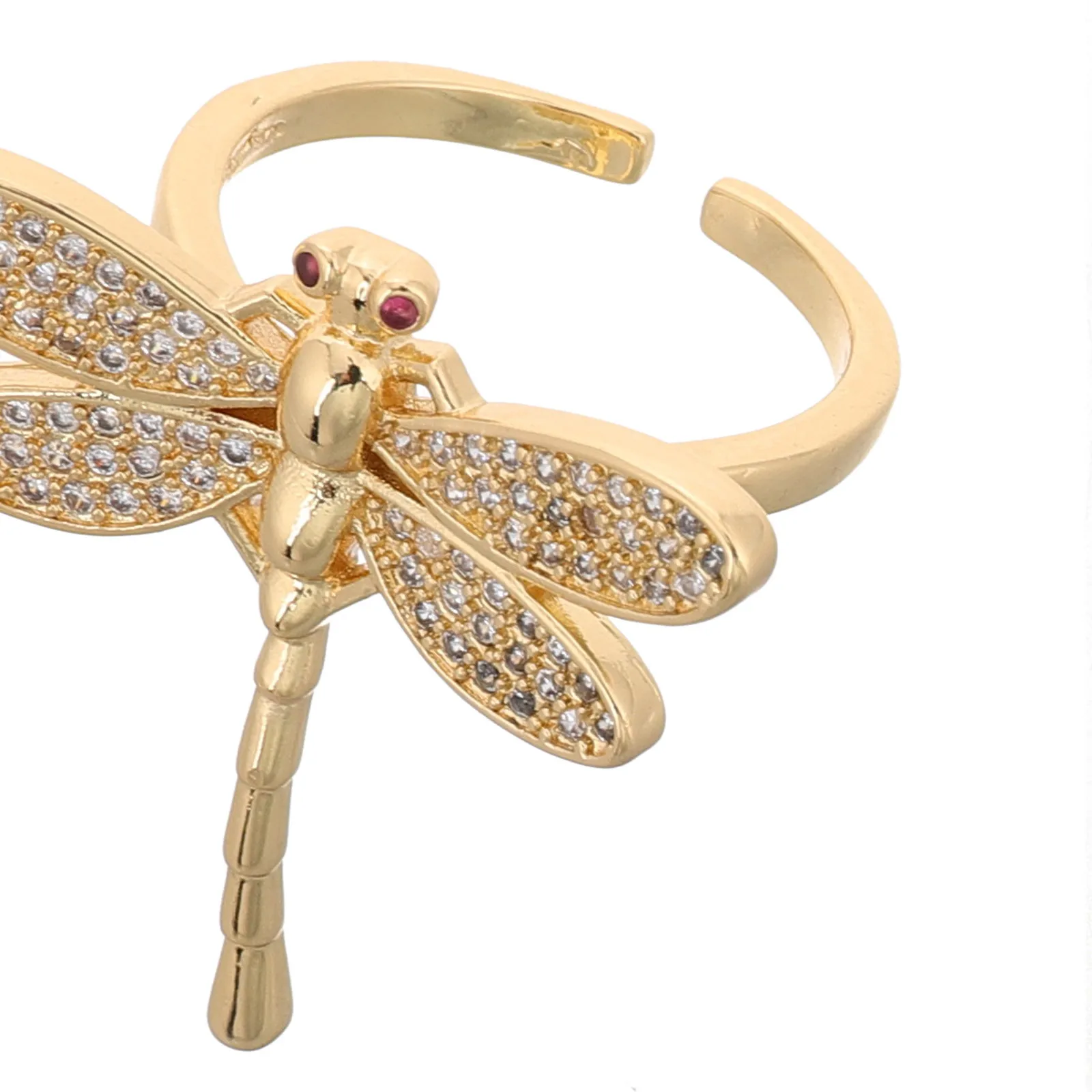 خاتم اليعسوب مطلي بالذهب خاتم مفتوح قابل للتعديل للنساء مكعب زركونيا مجوهرات الأزياء ملابس الزفاف اليومية #5