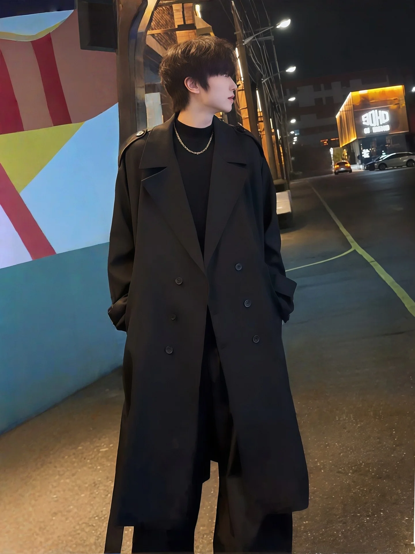 

Korean Briti Sle Men's Long Coat Double Row Buttons Loose Couple Casual Faion Spring Autumn High Sensation Windbreaker