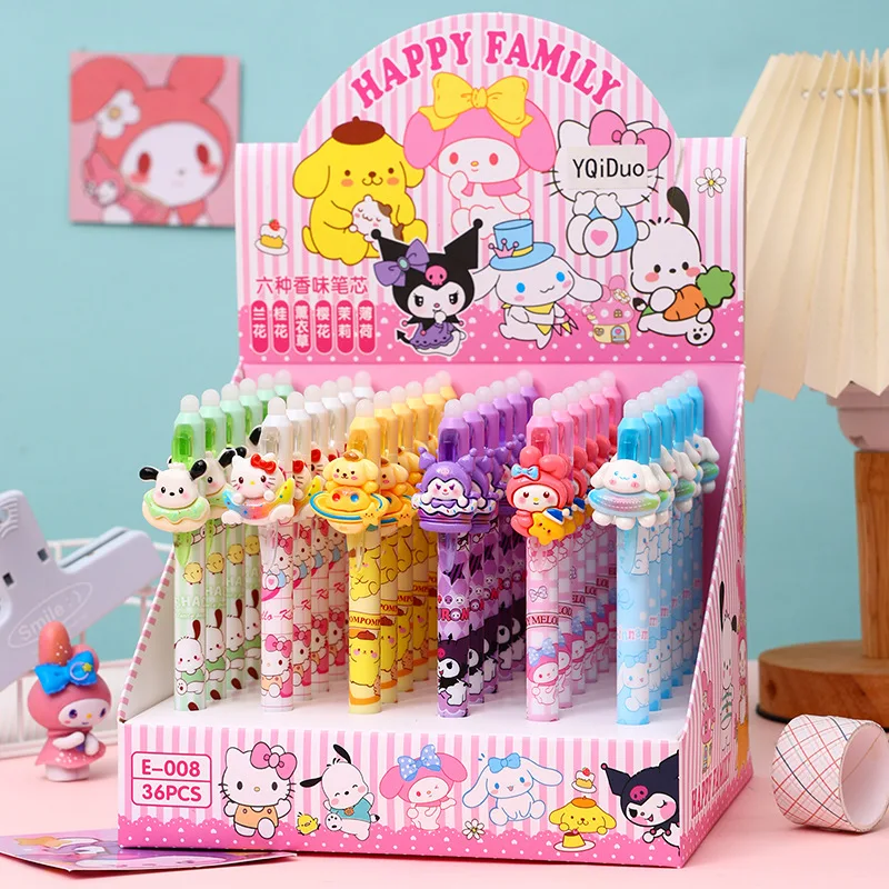 

36 pcs/lot Sanrio Kuromi Melody Erasable Press Gel Pen Cute 0.5mm Blue Ink Neutral Pens Promotional Gift Office School Supply