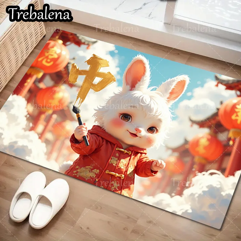 1 قطعة حصيرة باب ترحيب أرنب لطيف في الأحمر زي ممسحة السنة الصينية الجديدة زينة للمنزل