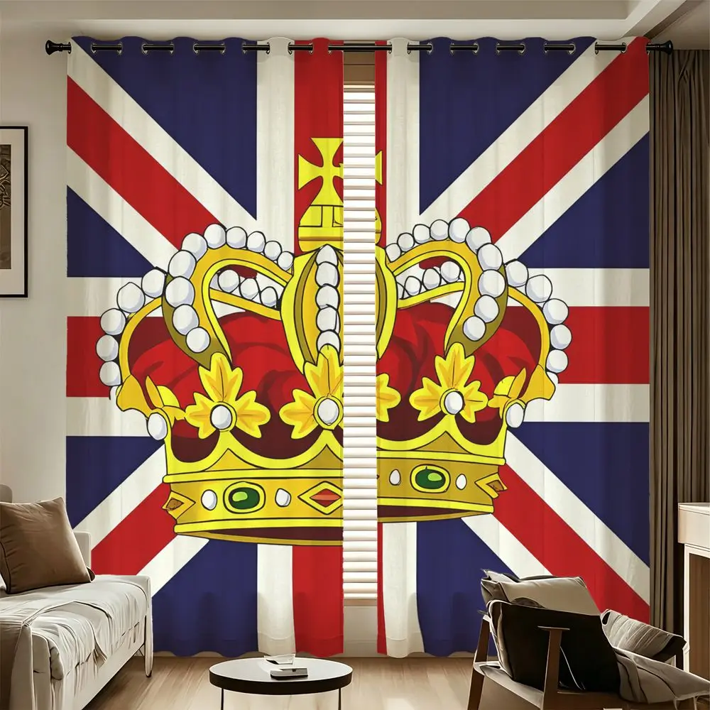 2 Panels UK Flag Crown Printed Curtains Modern British Style Blackout Window Drapes for Living Room Bedroom Home Decoration