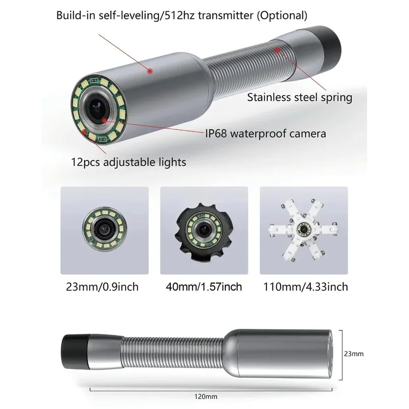 1080P Self Leveling 23mm Sewer Camera Head with 512Hz Sonde Transmitter for Pipe Inspection