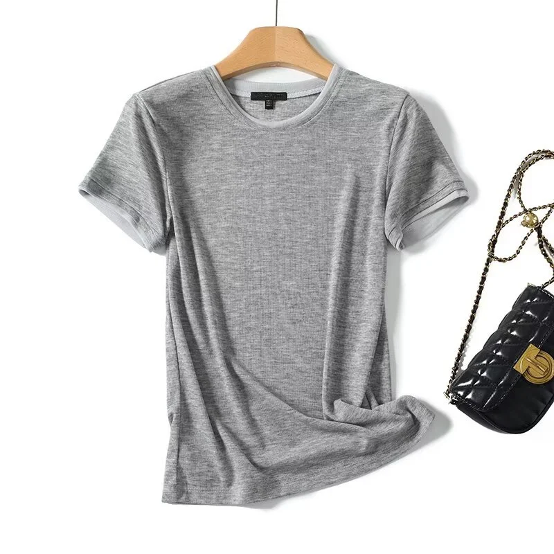 

Jenny&Dave Women's Basic Grey T-shirt Nordic Minimalist Fashion Women's Round Neck Fake Two piece Short sleeved T-shirt Top