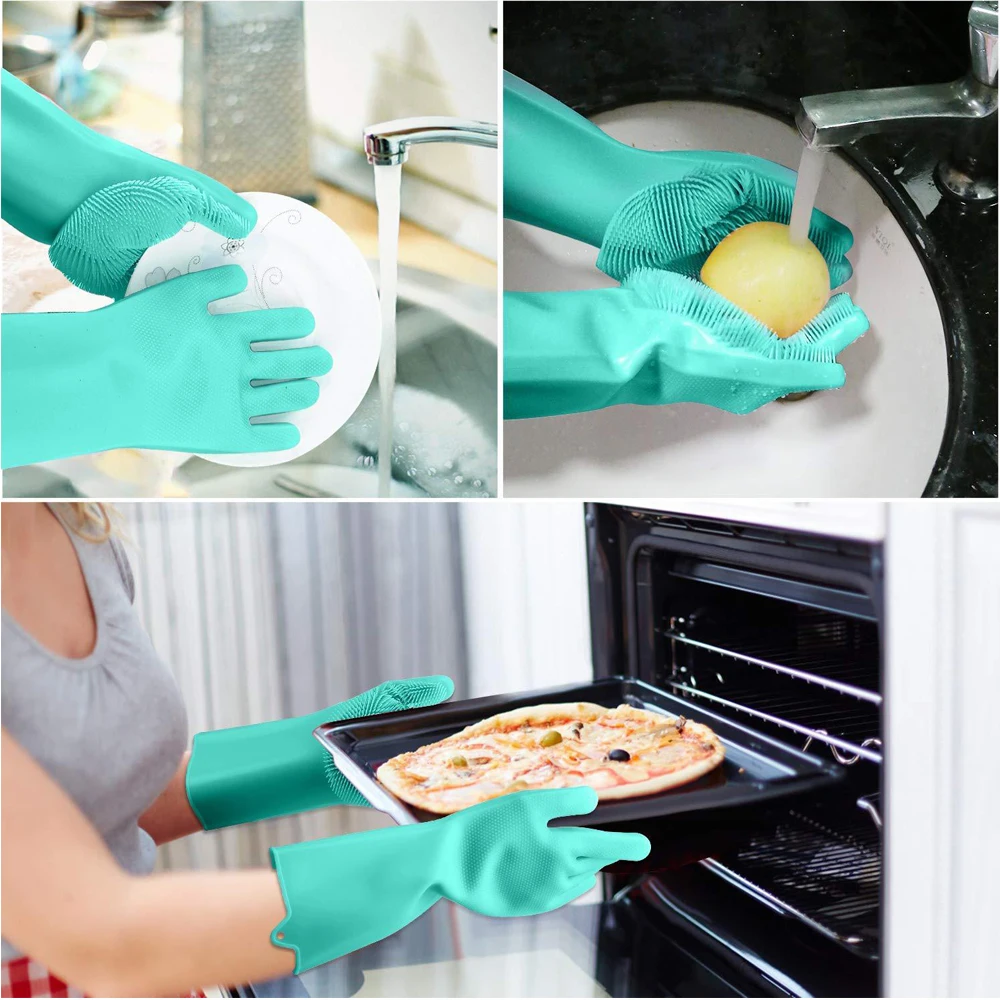 1Pair Dishwashing Cleaning Gloves Magic Silicone Scrub Rubber Dish Washing Glove Reusable Sponge Gloves Kitchen Cleaning Tools