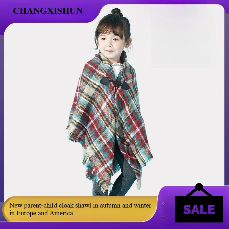 Girls Kids Tassel Plaid Wraps Scarf Fall Winter Knitted Warm Shawl Wraps Pullover Sweaters Child Horn Button Poncho Cloak Cape