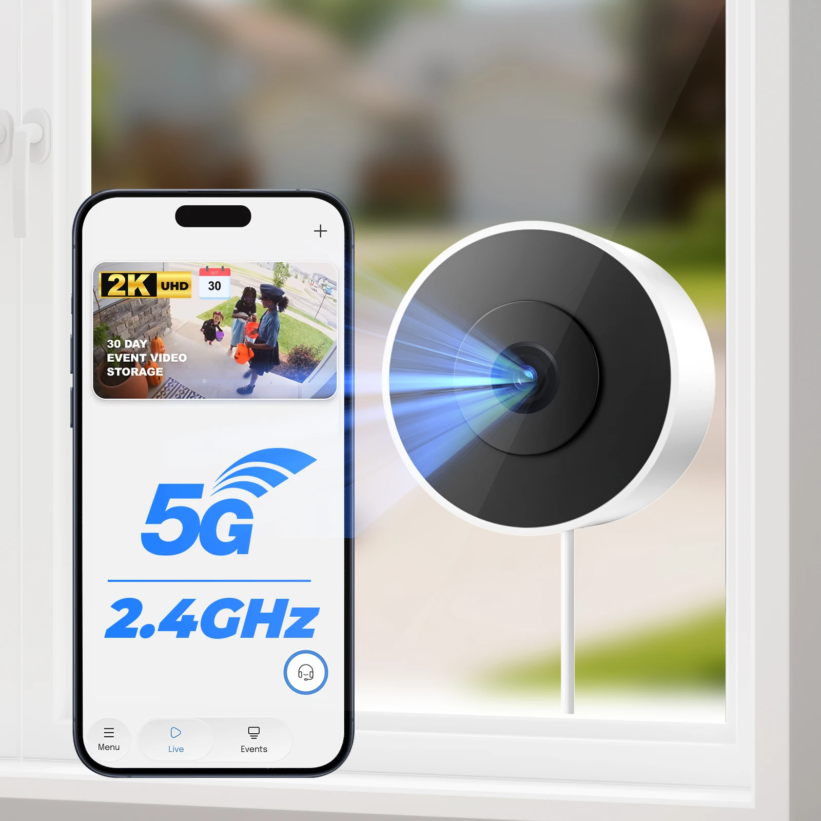 2K WiFi6 Fenster-Sicherheitskamera, Dual-Band 5GHz/2.4GHz Innen/Außen, KI-Bewegungserkennung mit Farb-Nachtsicht, Einfache Kabelmontage mit Eckhalterung