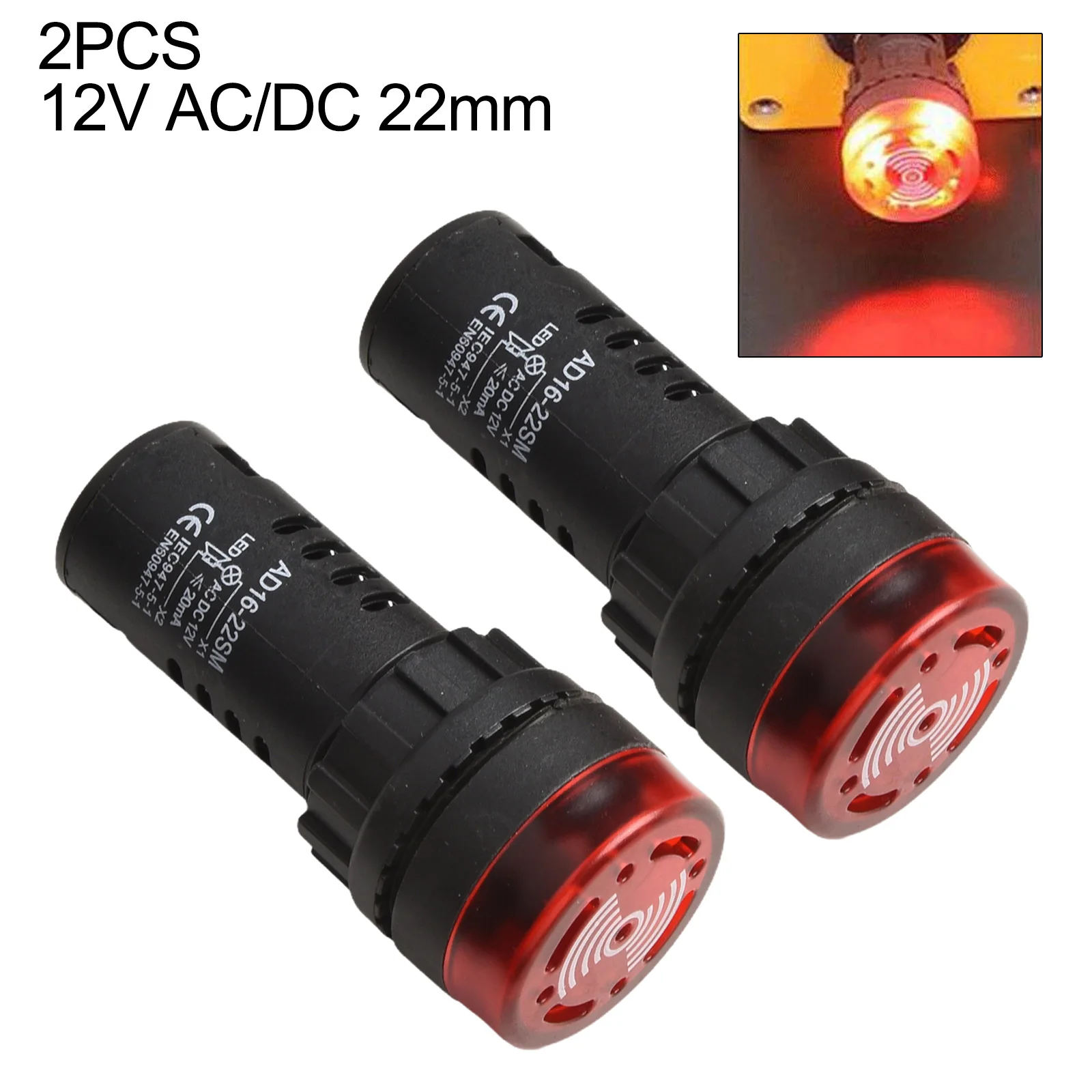2pcs AC/DC 12V 22mm Indicator Light Flash Signal Light Red LED Active Buzzer Beep Alarm Indicator Red AD16-22SM