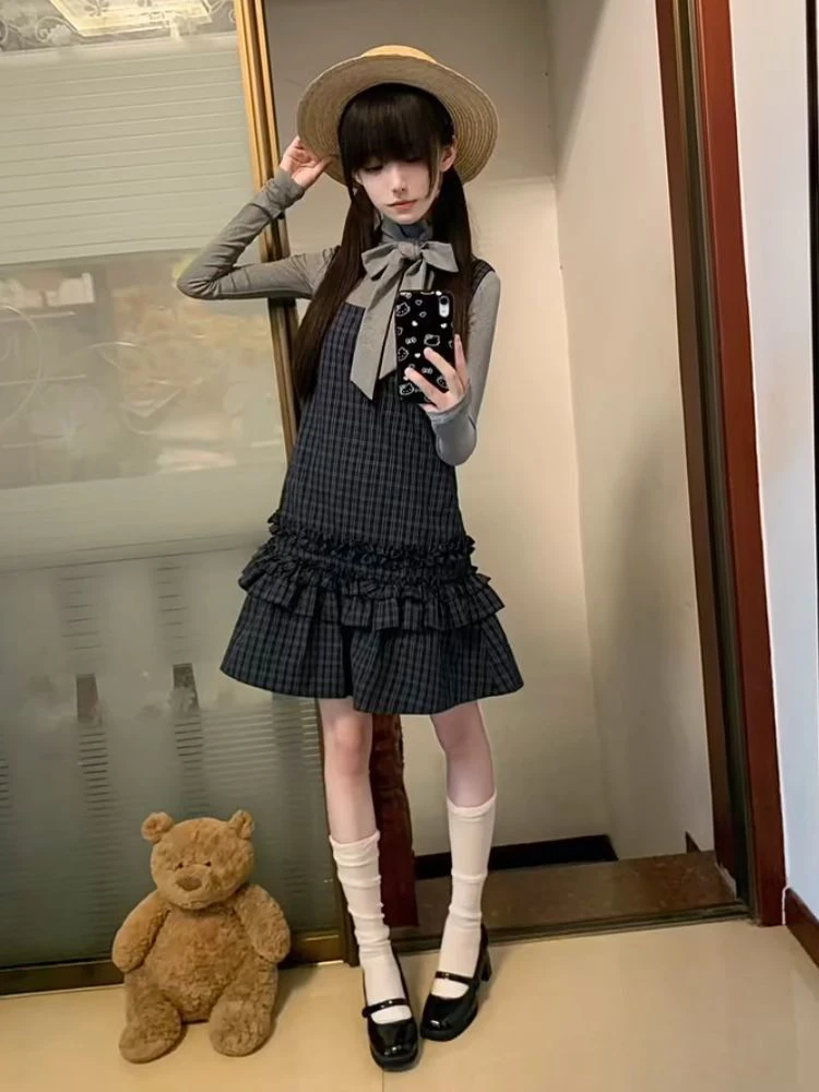 Conjunto de Dos Piezas de Vestido con Tirantes a Cuadros Estilo Coreano y Cseta Básica, Conjunto de Falda Entallada de Mod...