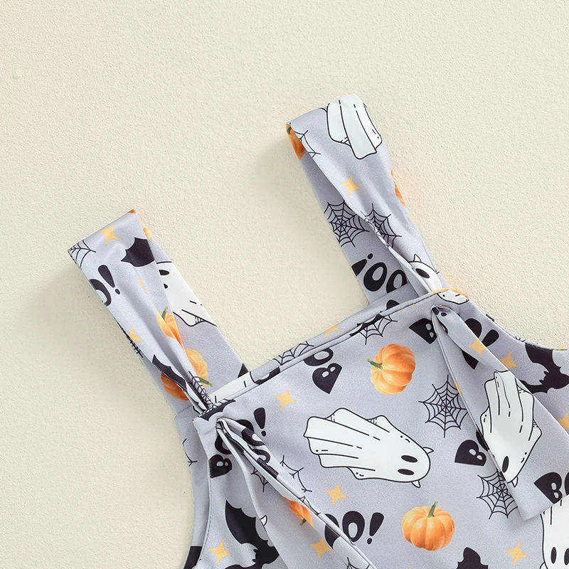 2024-06-04 Lioraitiin Baby Halloween Overalls Romper Ghost Cobweb Print Sleeveless Square Neck Hemming Legs Jumpsuits