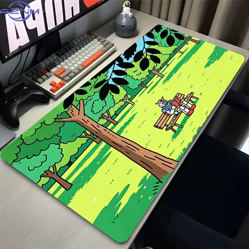 Cartoon Mecha Robot and Little Dogs on Green Grass Mouse Pad, Rubber Non-Slip Gaming Desk Mat, Smooth Surface Keyboard Pad for P