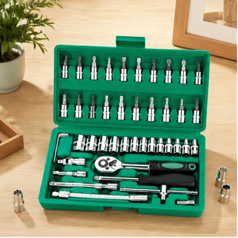 

46PCS Socket Ratchet Wrench Kit, 1/4 Inch Drive with Metric Bit Sockets & Extension Bars, Professional Auto Repair Tool Set