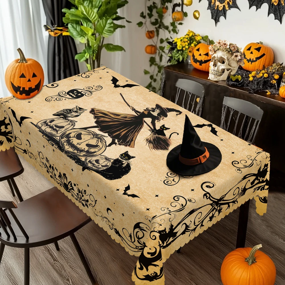 1 Stück Halloween-Themen-Tischdecke mit Aufdruck, in verschiedenen Größen erhältlich, mit Vintage-Hexen-, Tier- und Kürbis-Motiven, Party-Dekorations-Tischdecke, geeignet für Halloween-Partys,