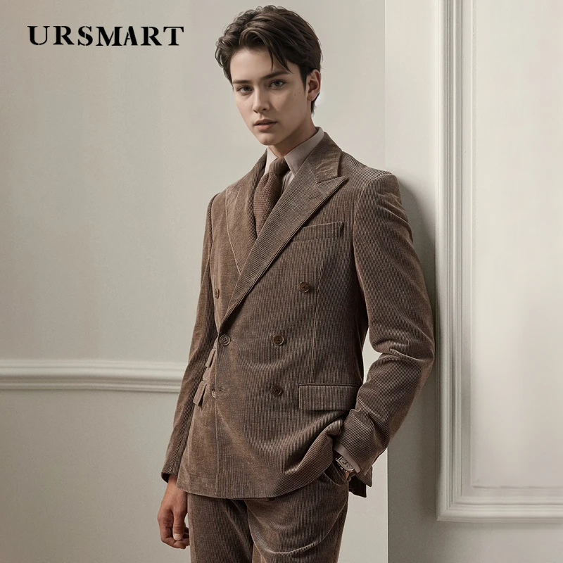 High quality polka neck double row buckle corduroy men\'s casual suit British style gentleman elegant men\'s suit Coat